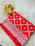 Scarlet Red Pure Banarasi Silk Saree with Silver Zari Jaal Weave & Chevron Border