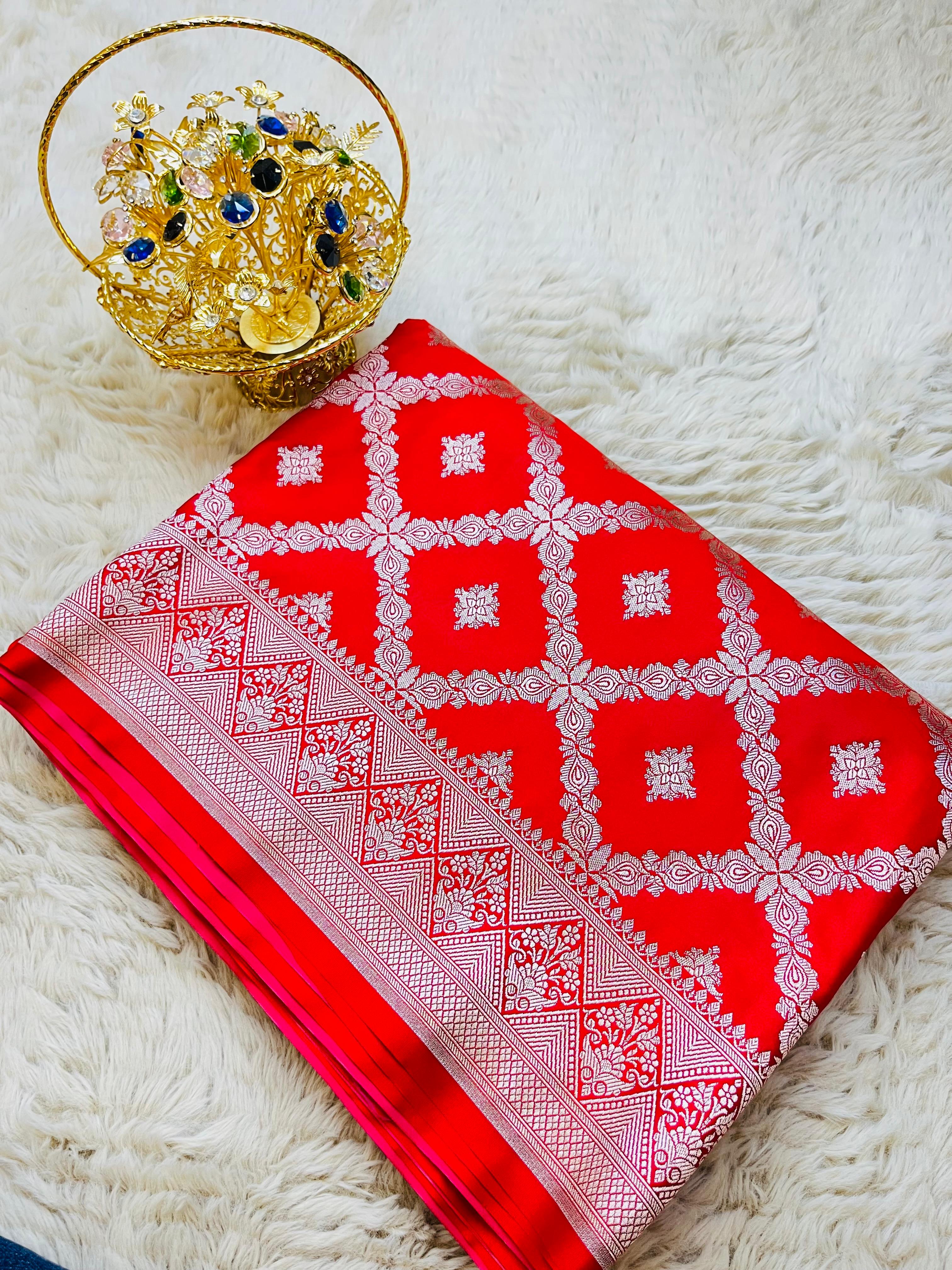 Scarlet Red Pure Banarasi Silk Saree with Silver Zari Jaal Weave & Chevron Border