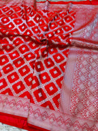 Scarlet Red Pure Banarasi Silk Saree with Silver Zari Jaal Weave & Chevron Border
