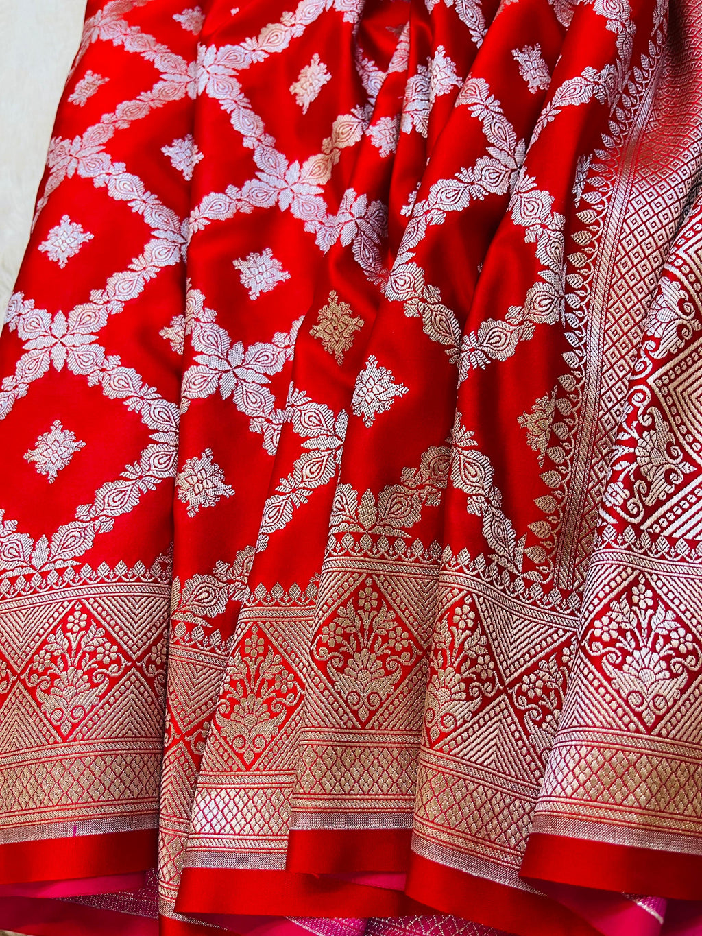Scarlet Red Pure Banarasi Silk Saree with Silver Zari Jaal Weave & Chevron Border