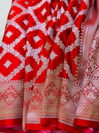 Scarlet Red Pure Banarasi Silk Saree with Silver Zari Jaal Weave & Chevron Border