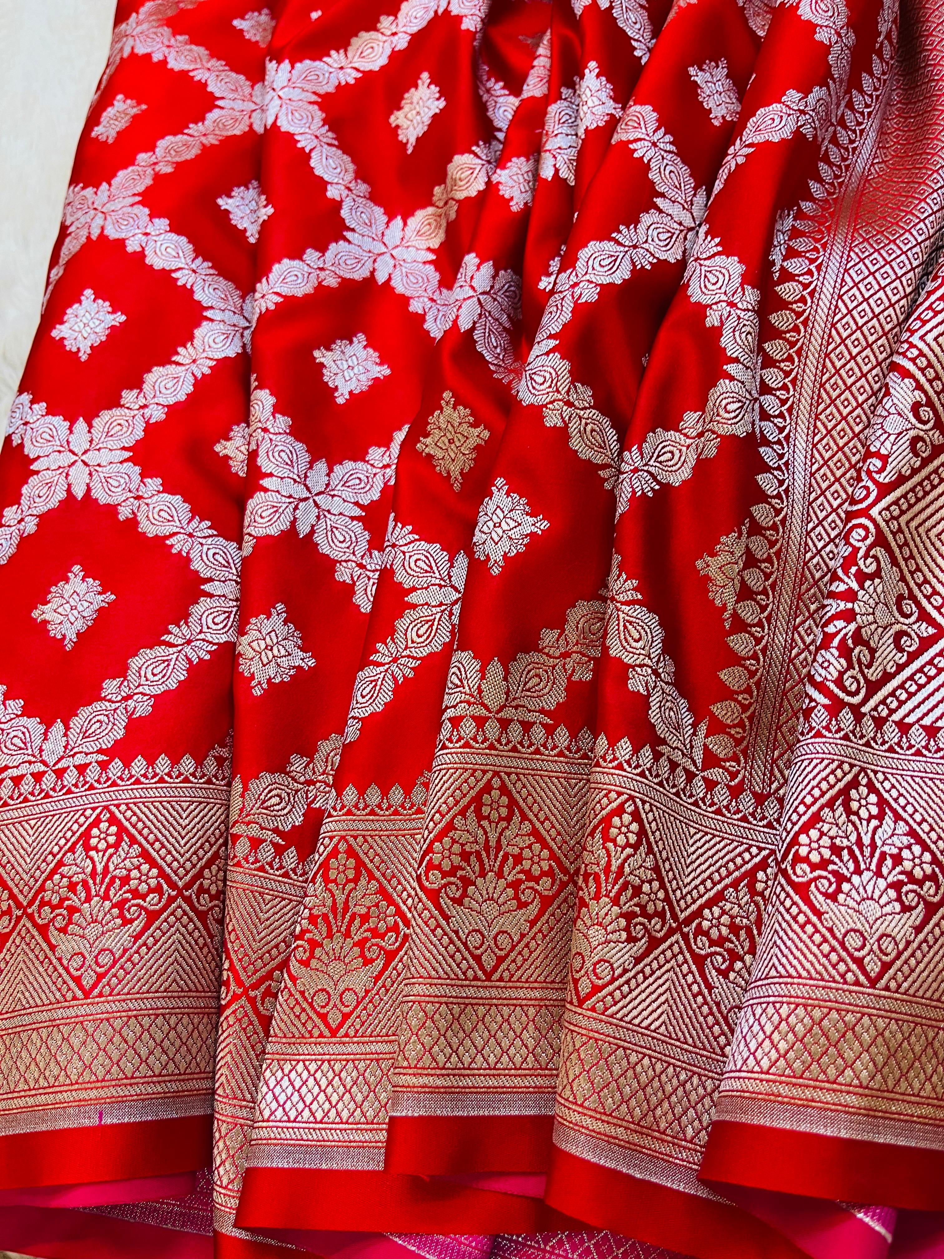 Scarlet Red Pure Banarasi Silk Saree with Silver Zari Jaal Weave & Chevron Border