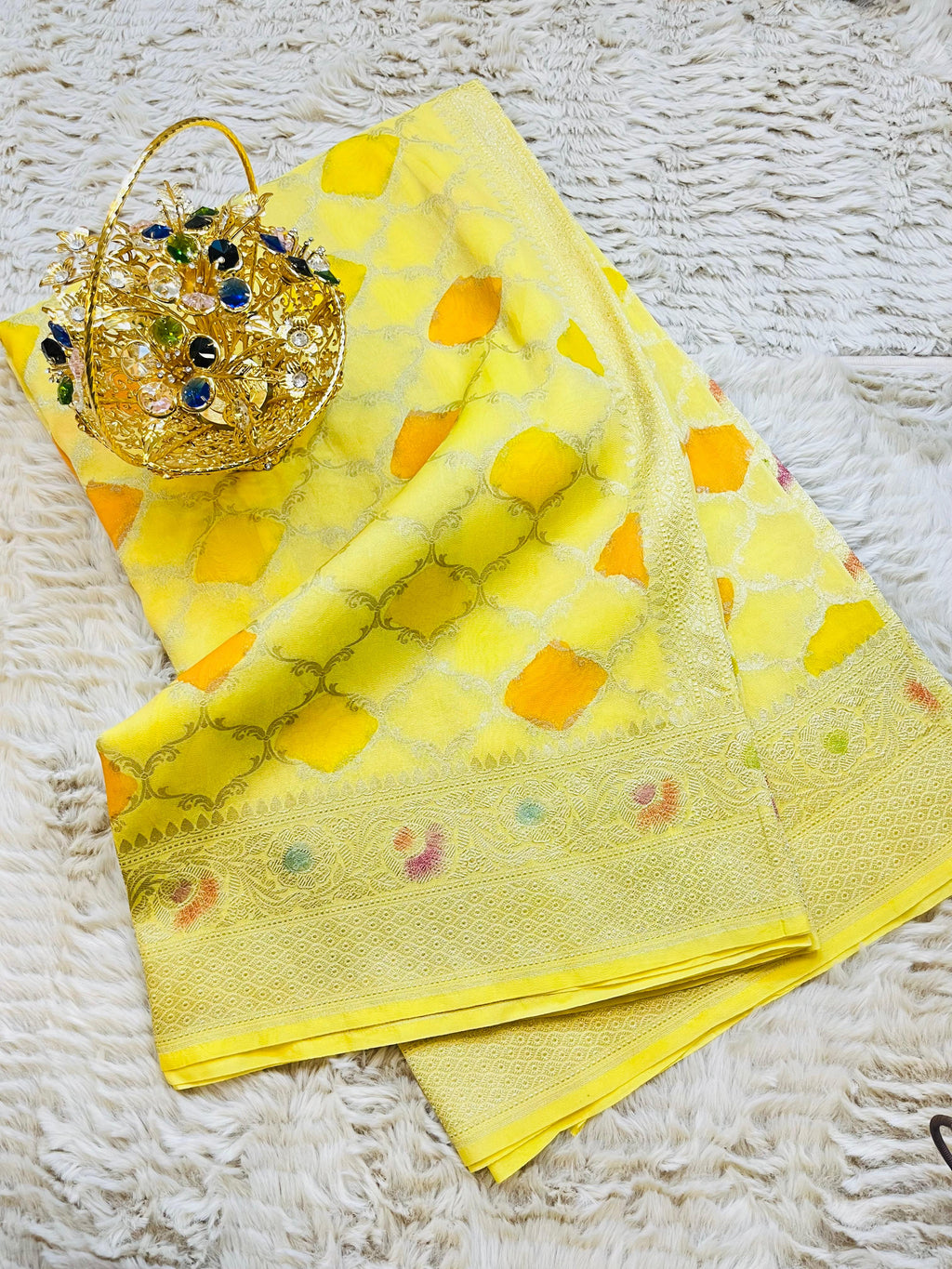 Yellow Hand Brush Painted Banarasi Crepe Silk Saree