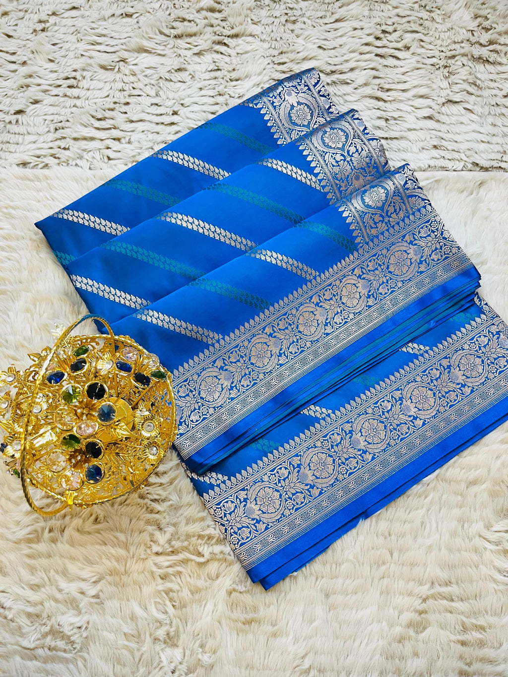 Pure Banarasi Mashru Katan Silk Saree with Diagonal Zari Stripes & Floral Border
