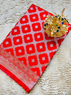 Scarlet Red Pure Banarasi Silk Saree with Silver Zari Jaal Weave & Chevron Border