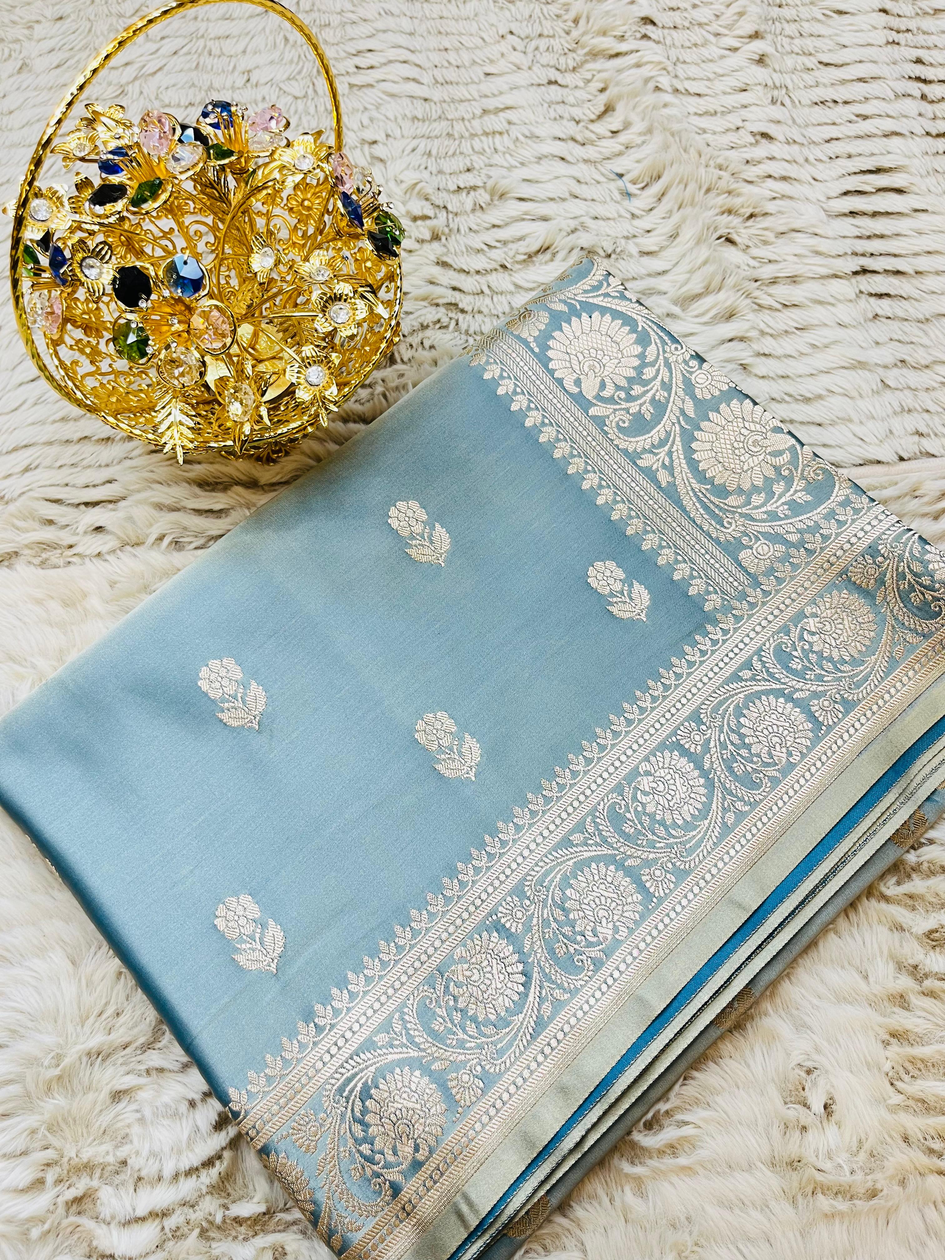 Pure Banarasi Luxury Mashru Katan Silk Saree with Silver Zari Weaving