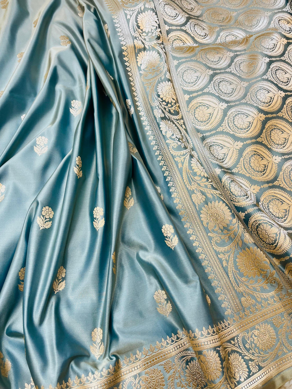 Pure Banarasi Luxury Mashru Katan Silk Saree with Silver Zari Weaving