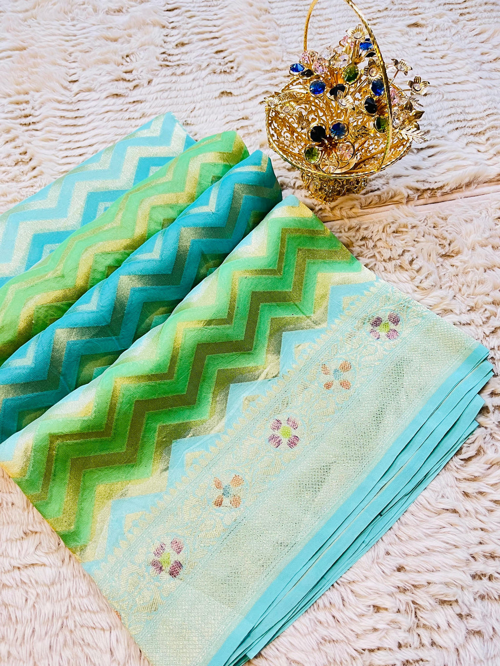 Pure Banarasi Luxury Crepe Silk Saree with Hand Brush Paint, Chevron Zari Weave & Meenakari Booti