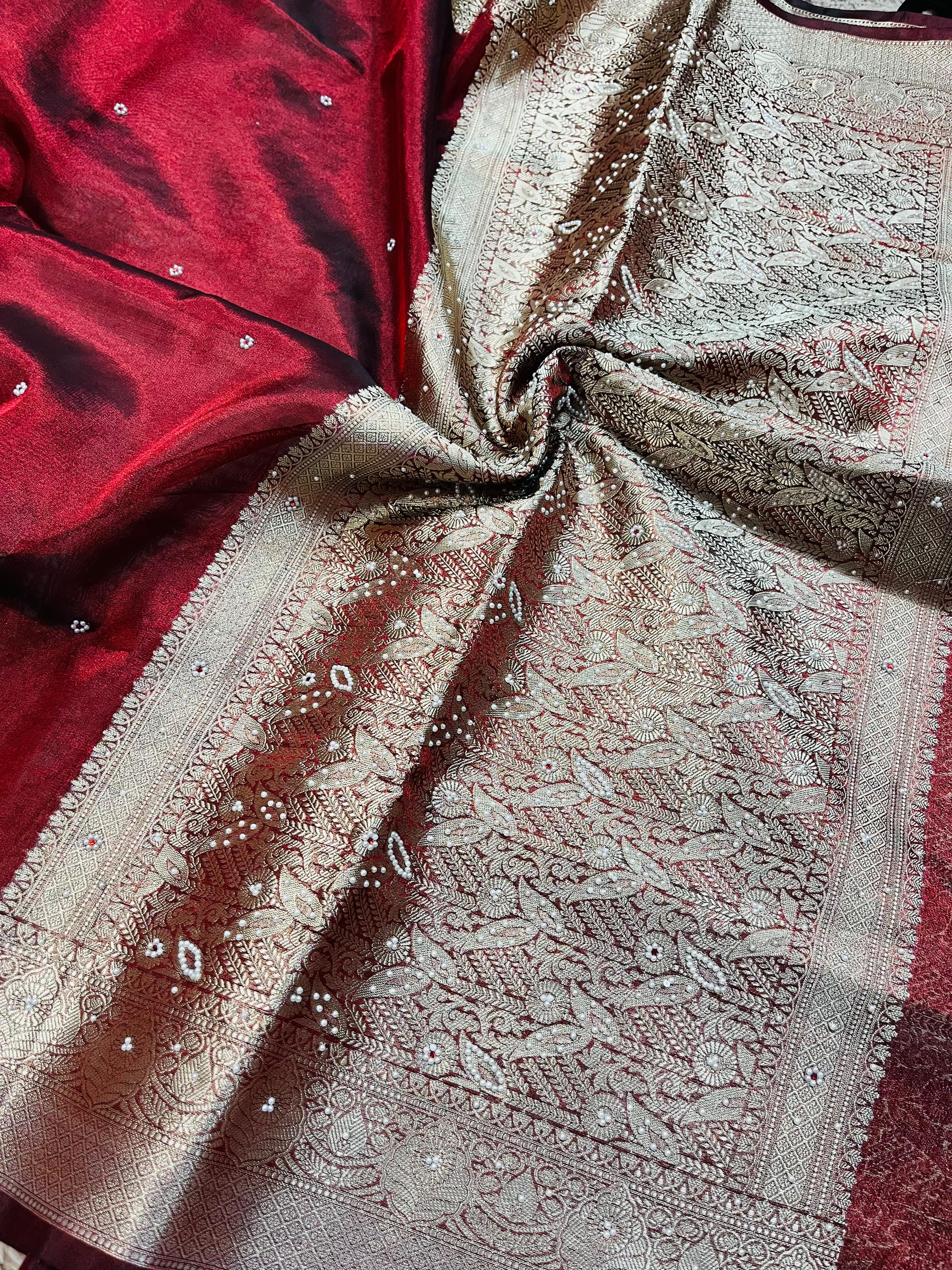 Banarasi Tissue Silk Saree with Hand Stone Work & Zari Border