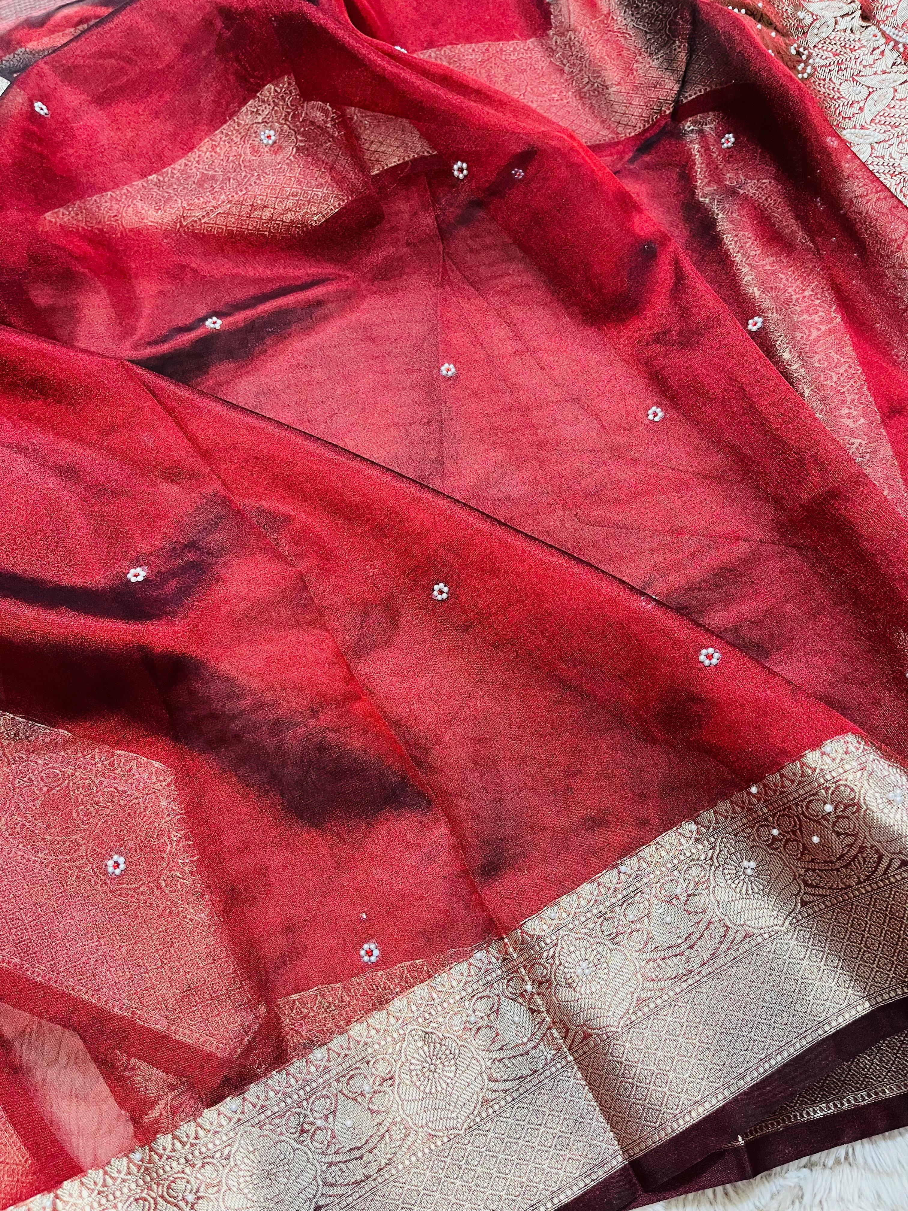 Banarasi Tissue Silk Saree with Hand Stone Work & Zari Border