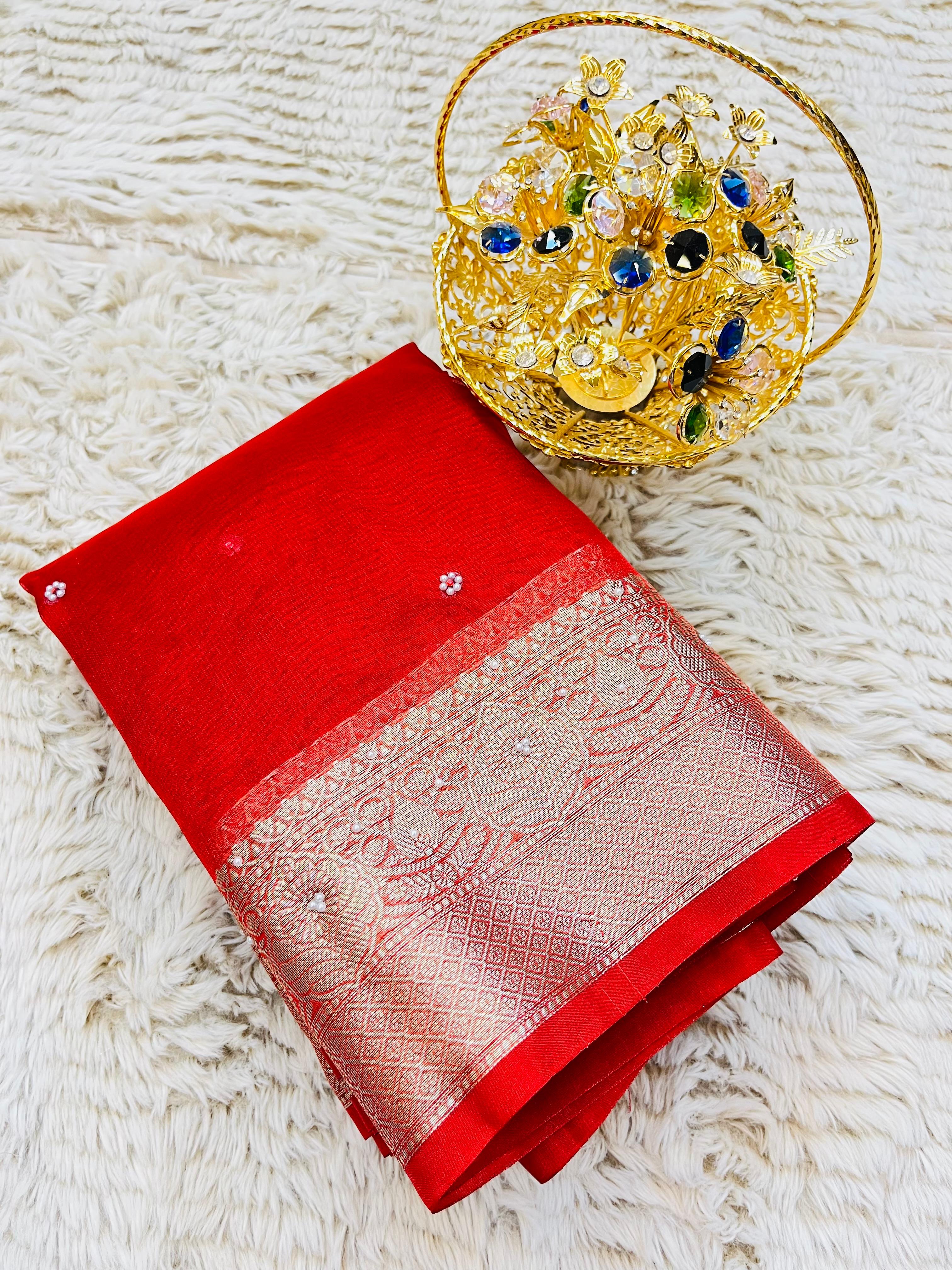 Banarasi Tissue Silk Saree with Hand Stone Work & Zari Border