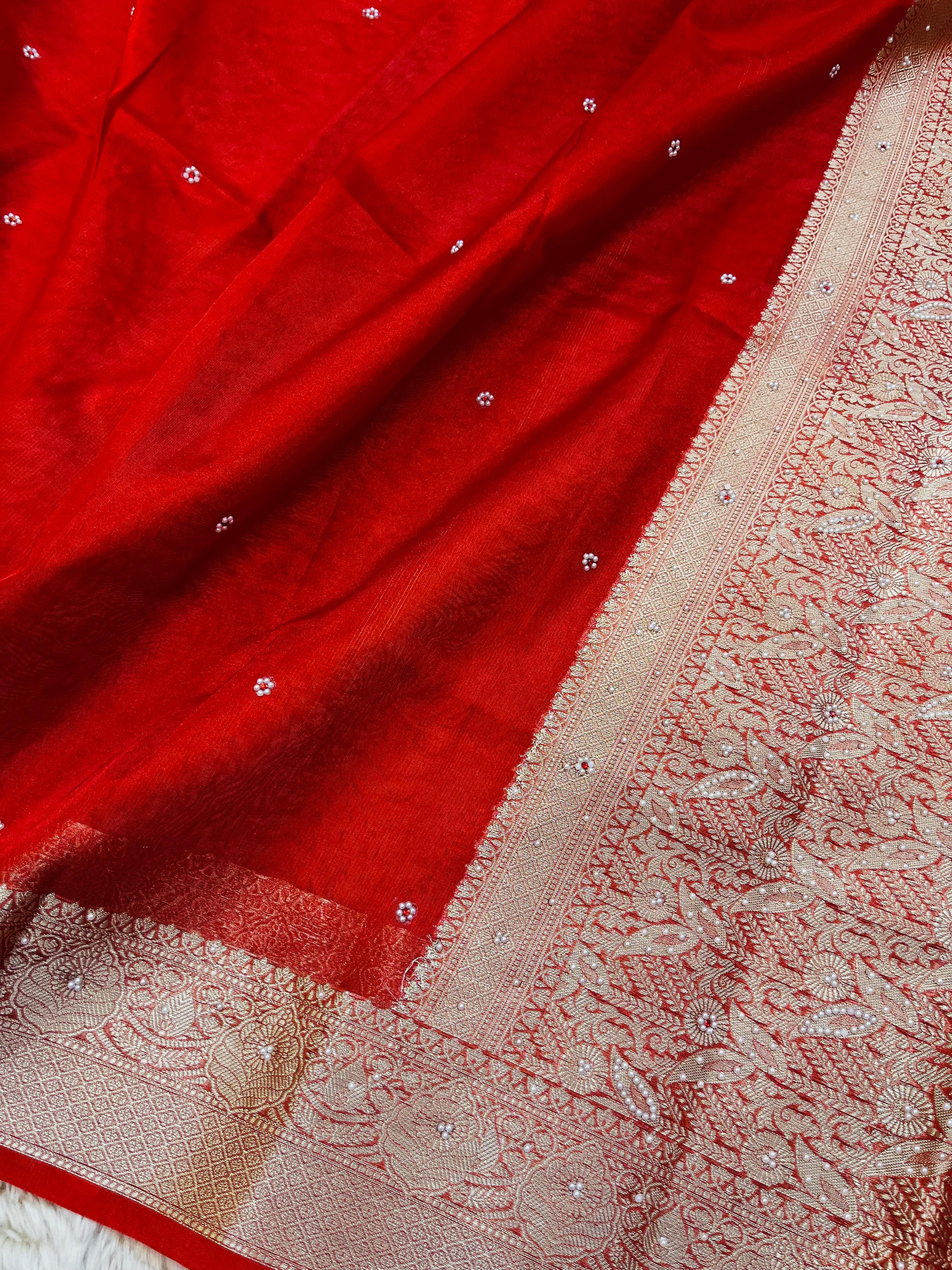 Banarasi Tissue Silk Saree with Hand Stone Work & Zari Border