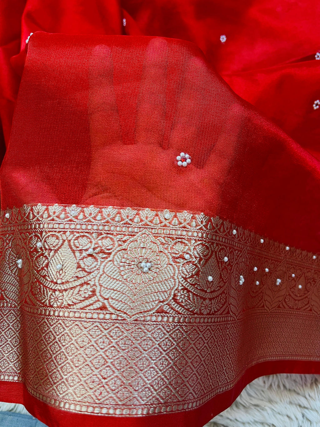 Banarasi Tissue Silk Saree with Hand Stone Work & Zari Border