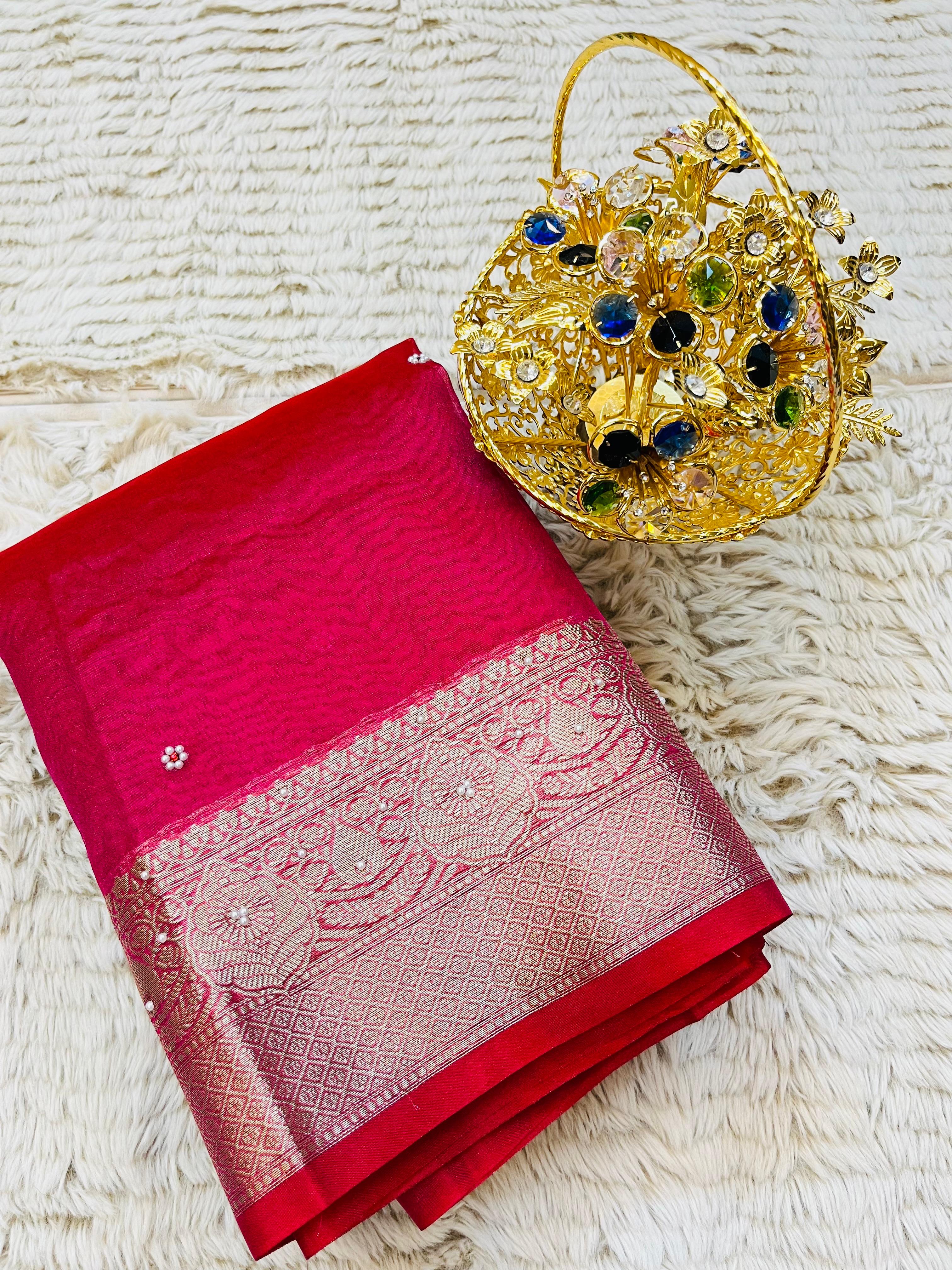 Banarasi Tissue Silk Saree with Hand Stone Work & Zari Border