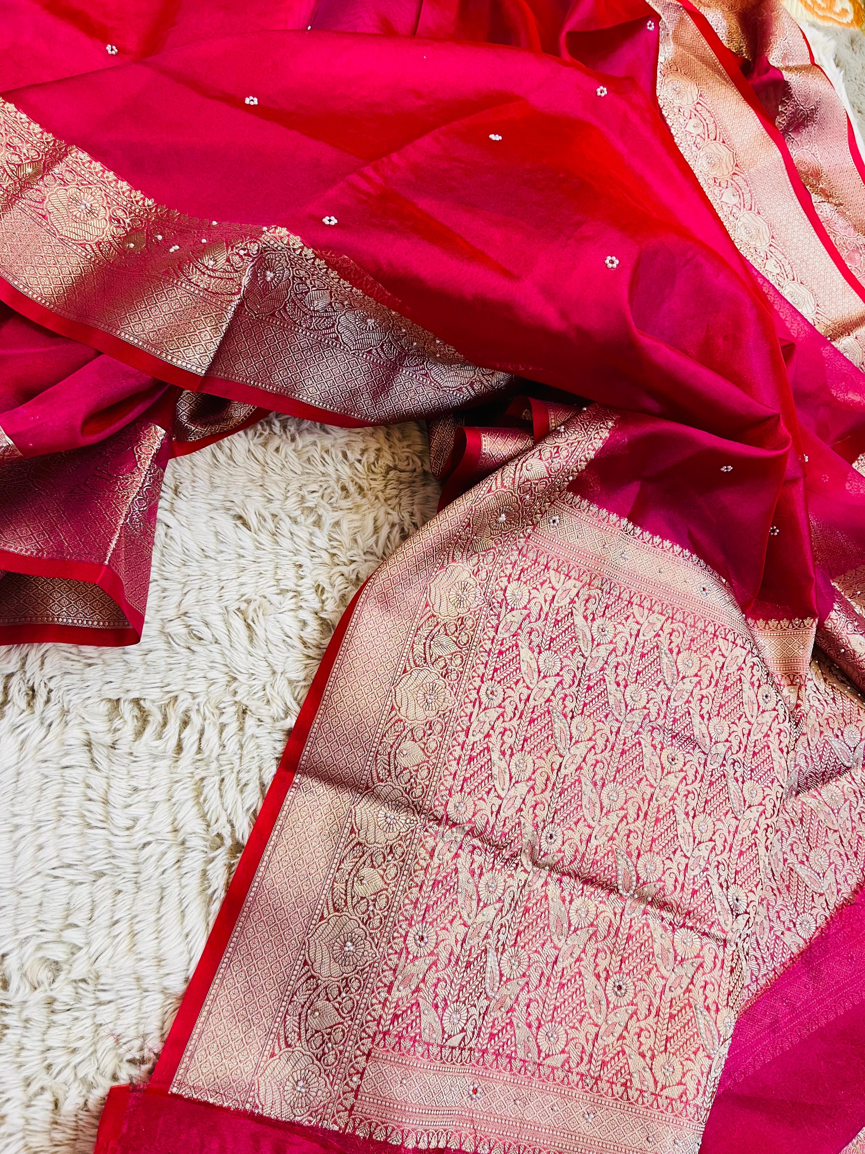 Banarasi Tissue Silk Saree with Hand Stone Work & Zari Border