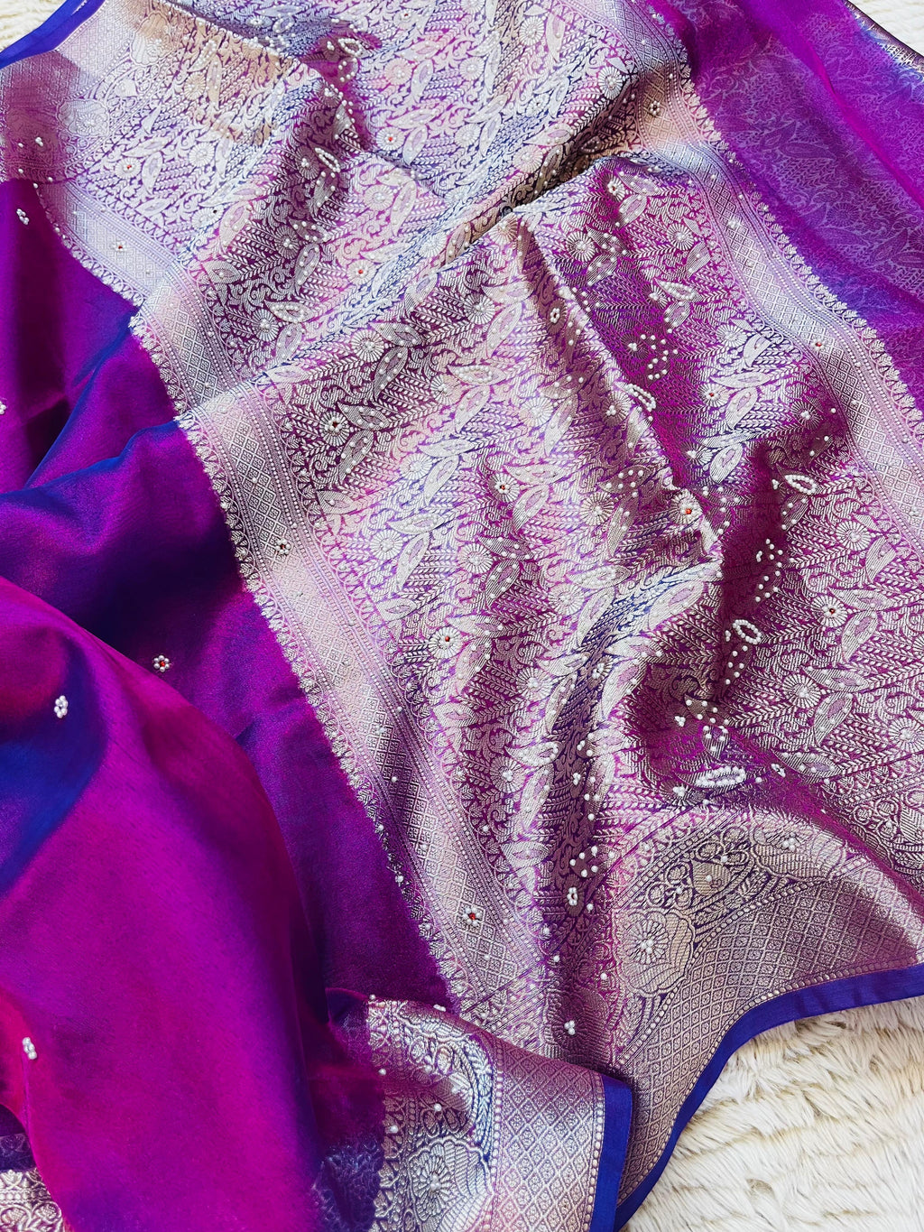 Banarasi Tissue Silk Saree with Hand Stone Work & Zari Border