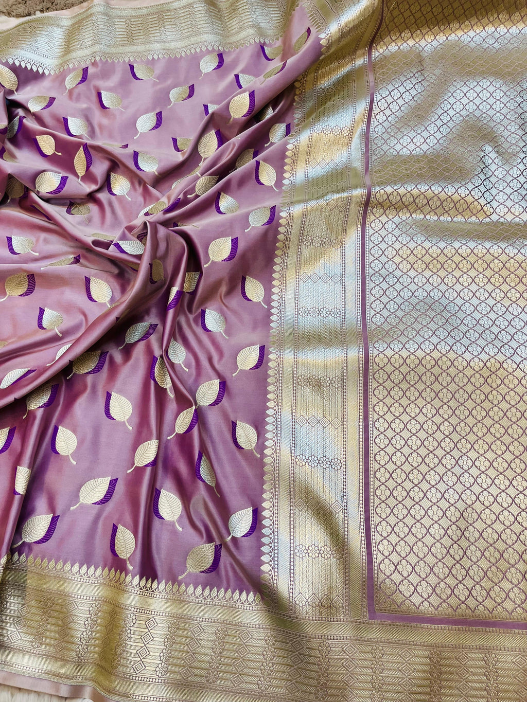 Pure Mashru Katan Silk Banarasi Saree | Paan Buti Motif | Antique Zari Pallu