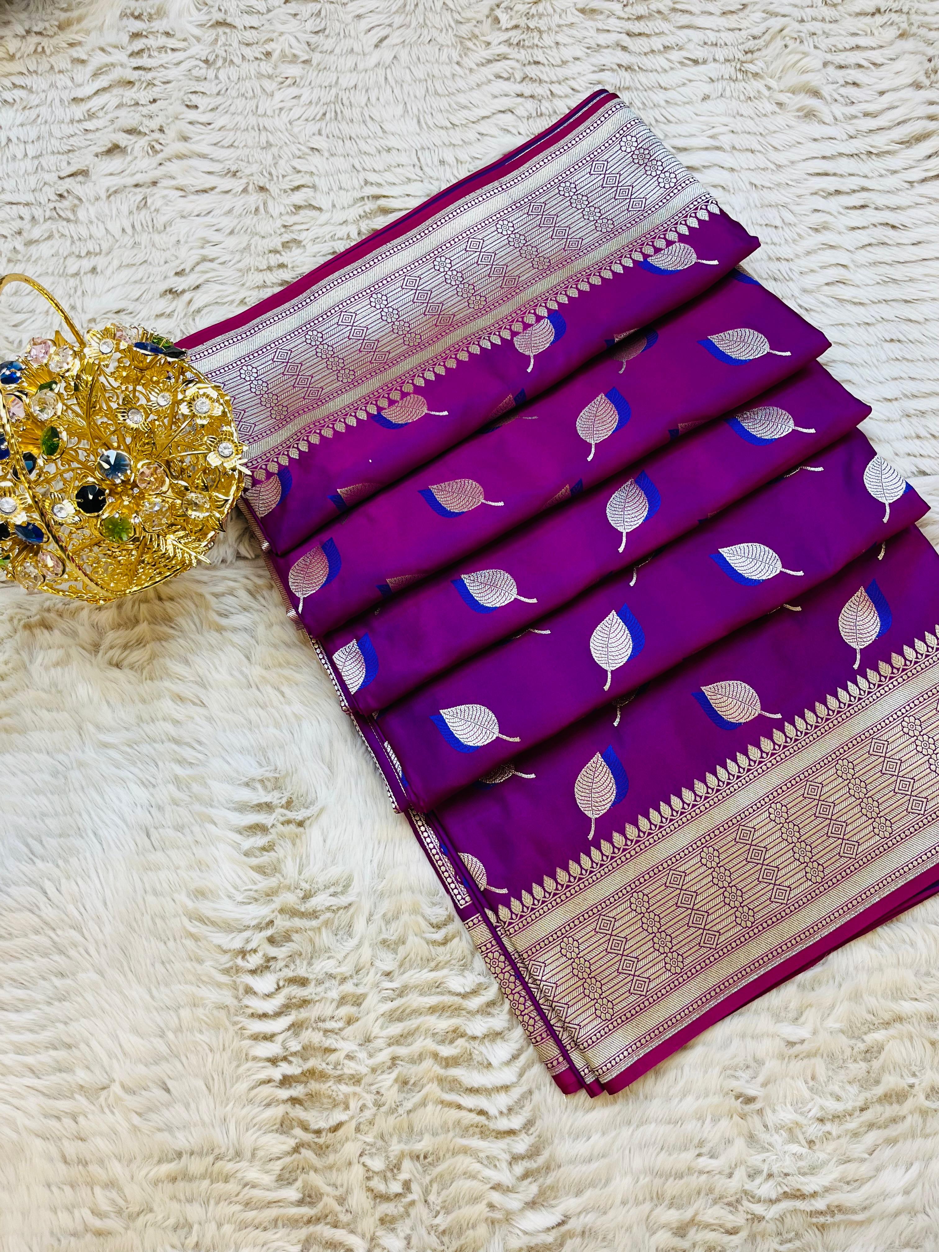 Pure Mashru Katan Silk Banarasi Saree | Paan Buti Motif | Antique Zari Pallu