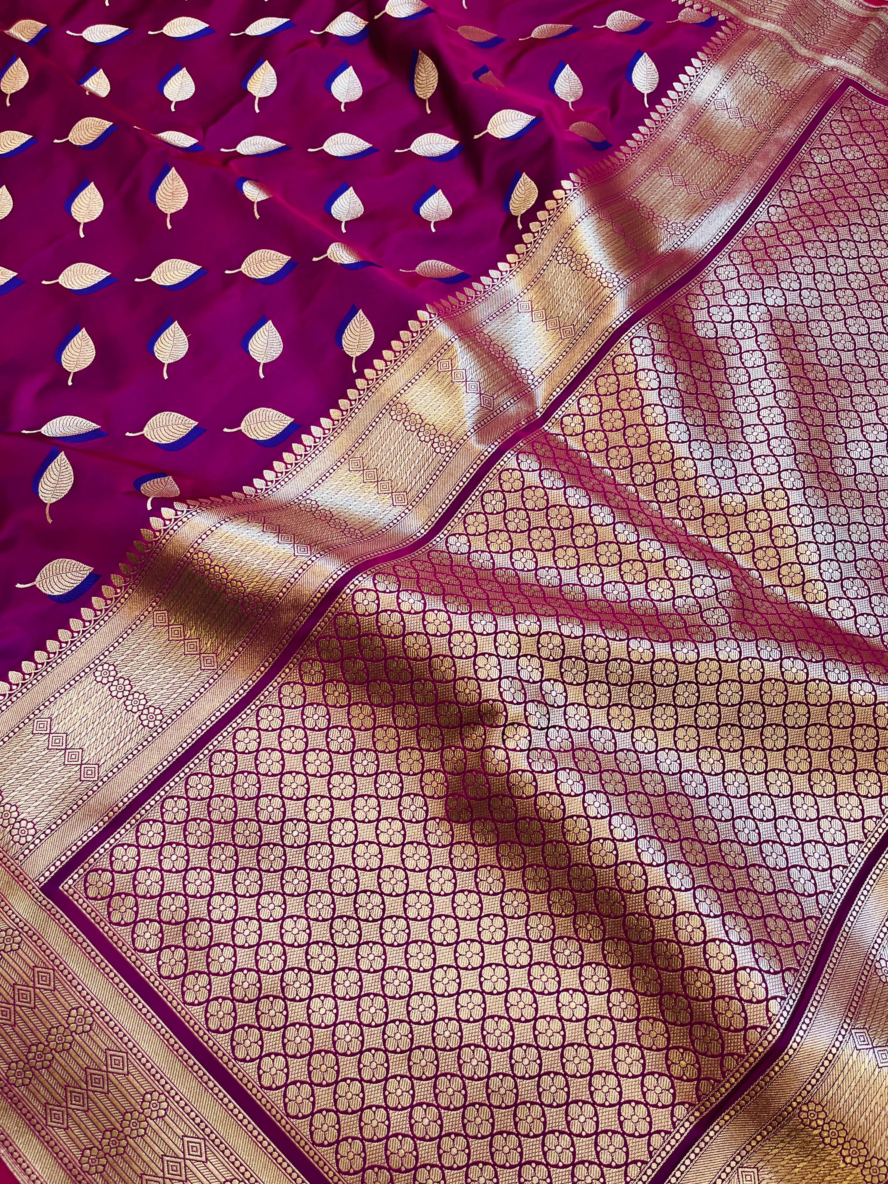 Pure Mashru Katan Silk Banarasi Saree | Paan Buti Motif | Antique Zari Pallu