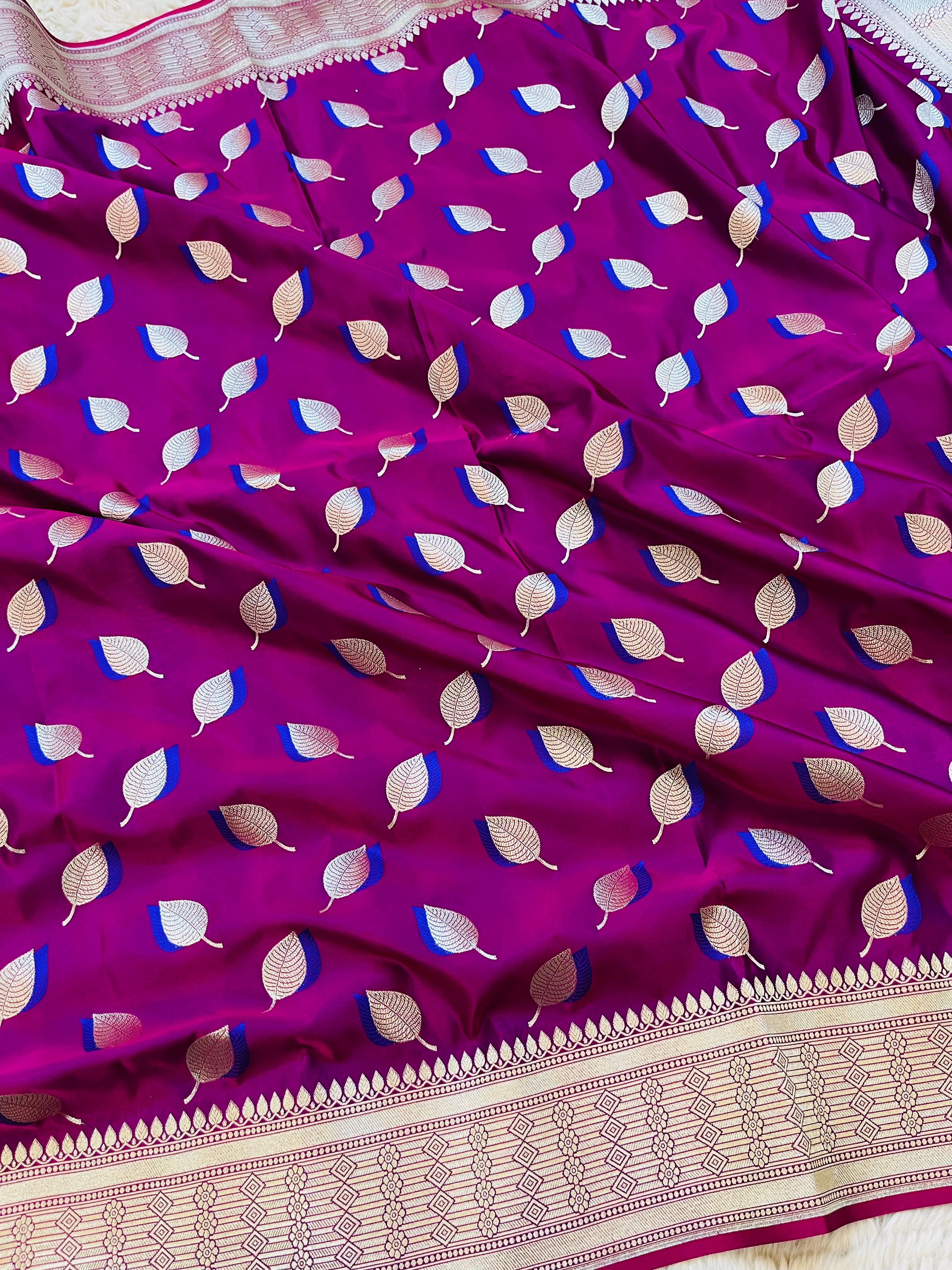 Pure Mashru Katan Silk Banarasi Saree | Paan Buti Motif | Antique Zari Pallu