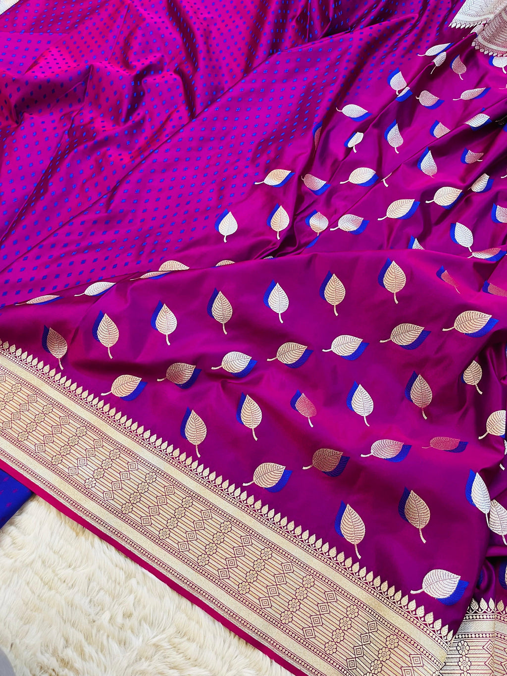 Pure Mashru Katan Silk Banarasi Saree | Paan Buti Motif | Antique Zari Pallu