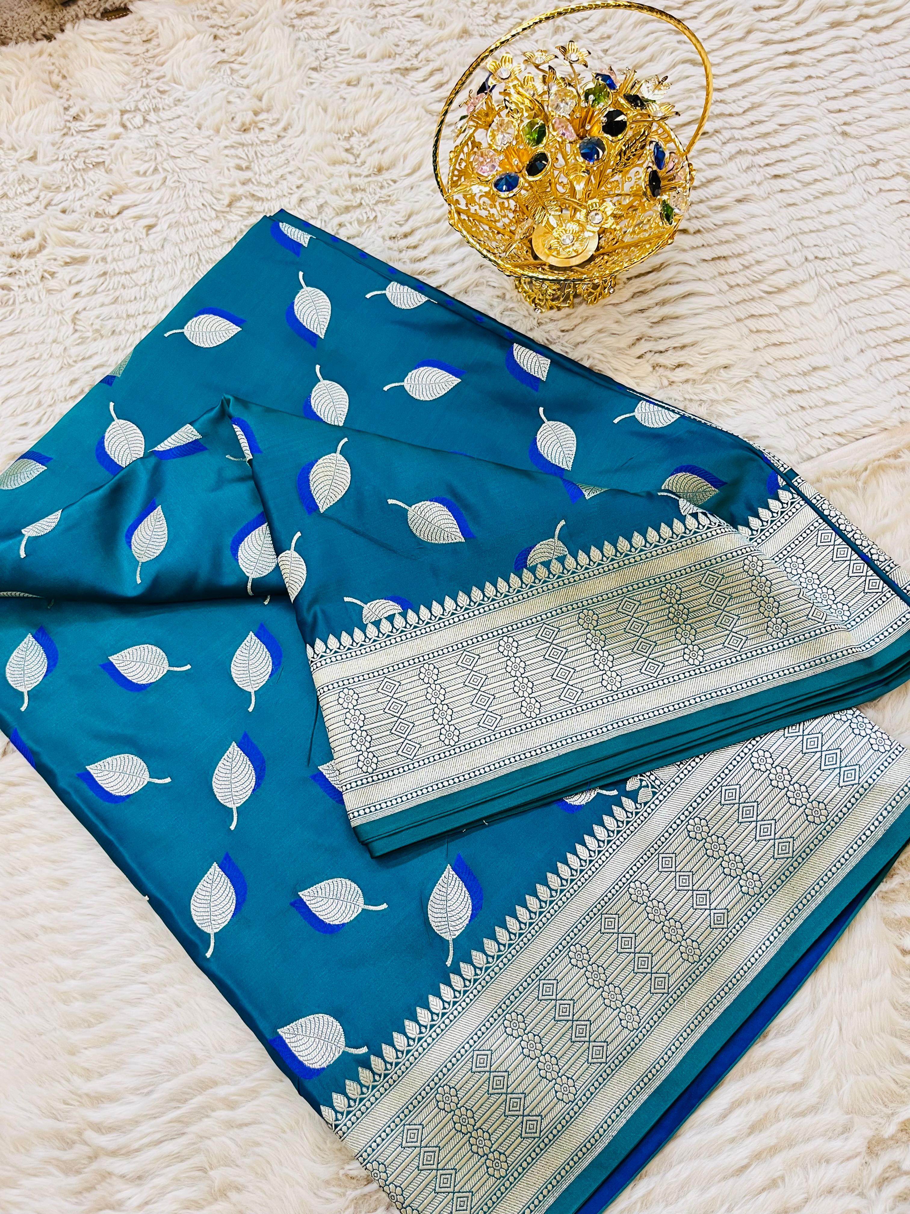 Pure Mashru Katan Silk Banarasi Saree | Paan Buti Motif | Antique Zari Pallu