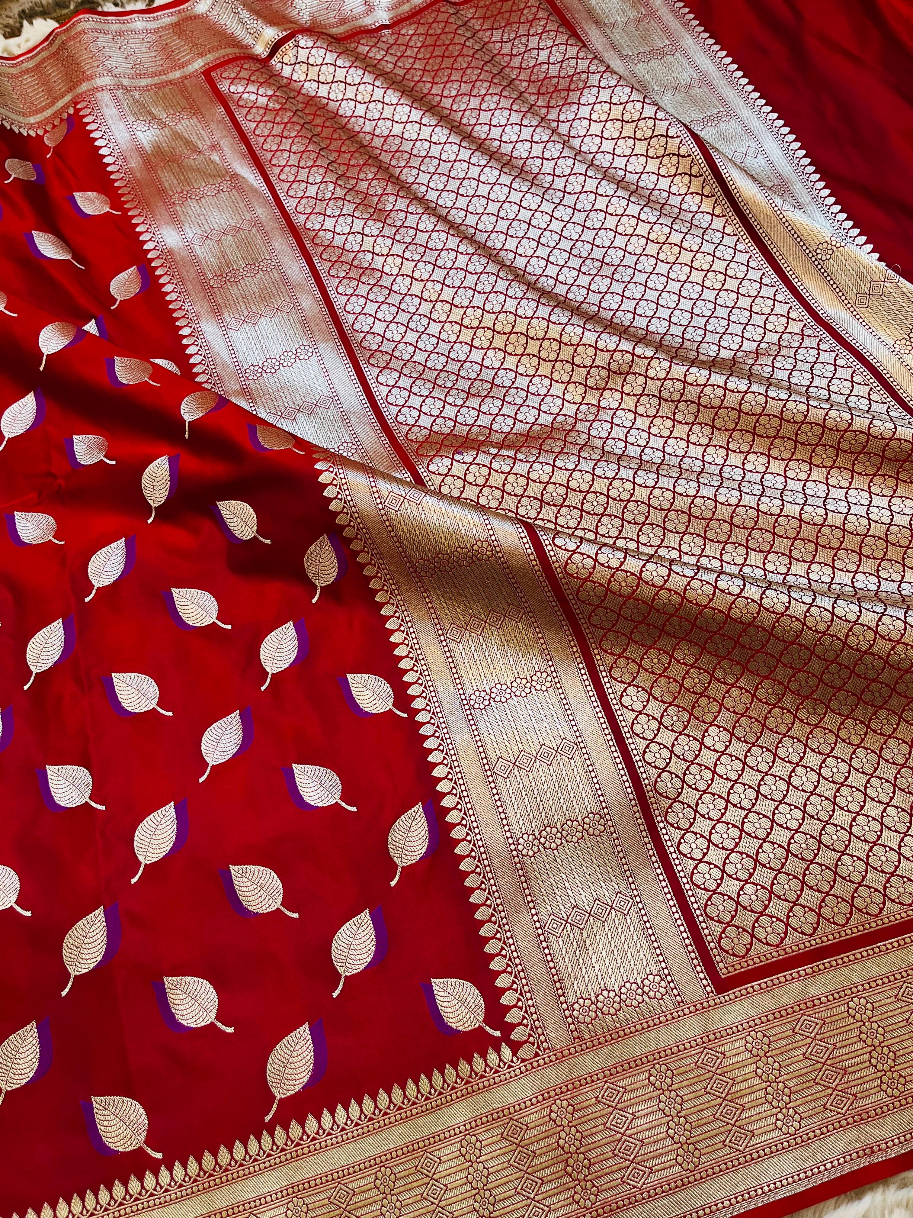 Pure Mashru Katan Silk Banarasi Saree | Paan Buti Motif | Antique Zari Pallu
